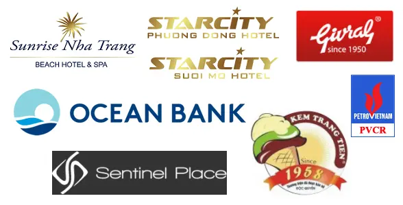Ảnh ghép logo các đơn vị: Sunrise Nha Trang, StarCity, OceanBank, Sentinel Place, Givral, Kem Tràng Tiền, PVCR