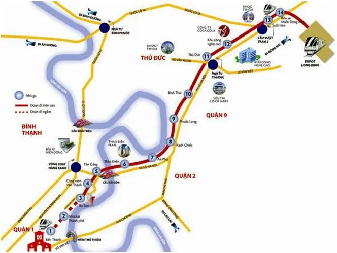 Bản đồ hướng tuyến metro qua Thủ Đức, Quận 9, Quận 2 và Bình Thạnh