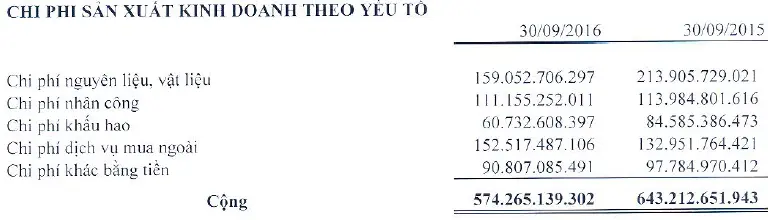 Bảng chi phí sản xuất kinh doanh theo yếu tố tại ngày 30/9/2016 và 30/9/2015