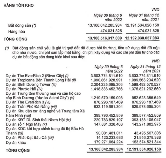 Bảng hàng tồn kho của Phát Đạt theo từng dự án đến ngày 30/6/2022