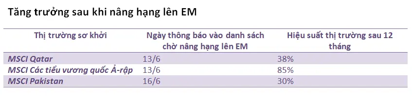 Bảng hiệu suất các thị trường sau khi được nâng hạng lên thị trường mới nổi