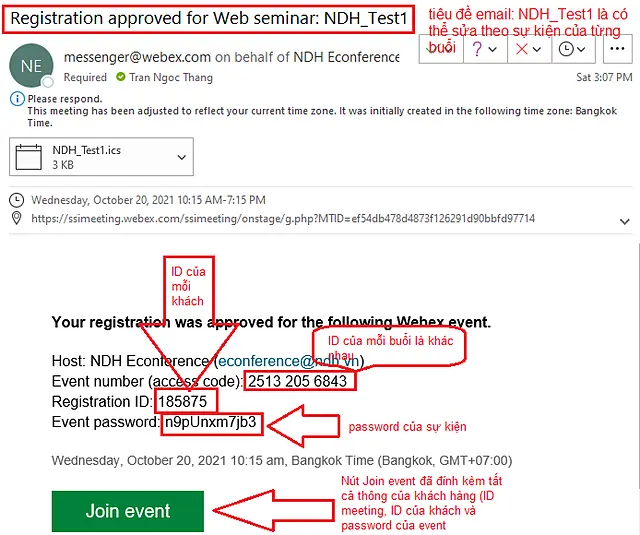 Email xác nhận đăng ký Webex, chú thích vị trí mã sự kiện, ID đăng ký và mật khẩu