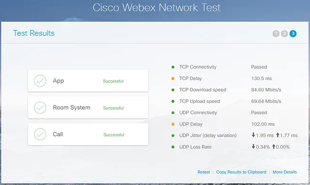 Kết quả kiểm tra mạng Cisco Webex Network Test với các mục đều đạt