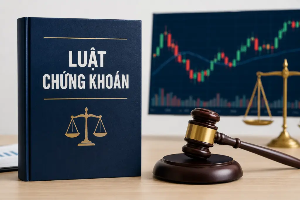 Sách Luật Chứng khoán và búa gỗ đặt trước màn hình biểu đồ giá cổ phiếu