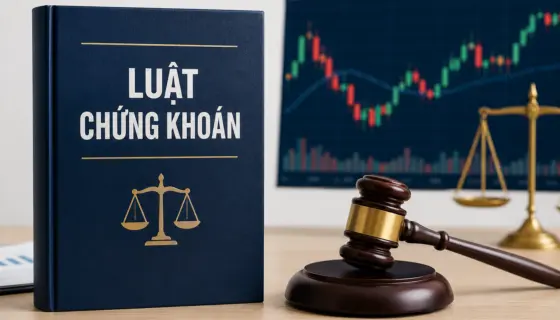 Sách Luật Chứng khoán và búa gỗ đặt trước màn hình biểu đồ giá cổ phiếu