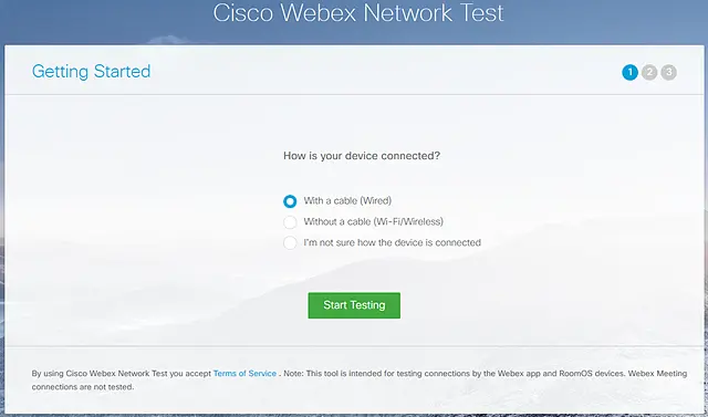 Màn hình công cụ Cisco Webex Network Test hỏi cách thiết bị đang kết nối mạng