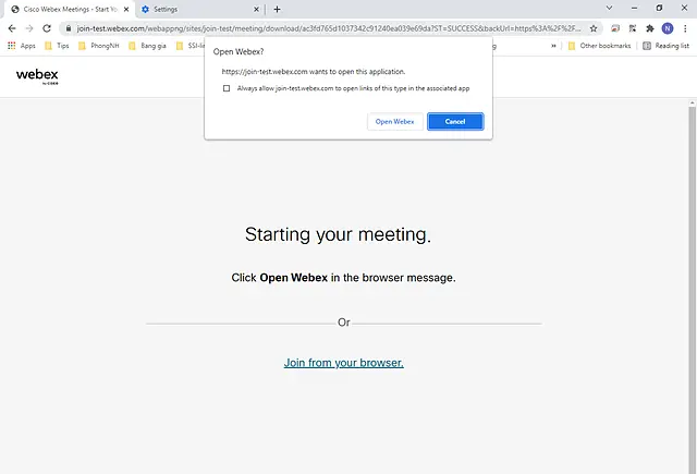 Màn hình trình duyệt hỏi mở ứng dụng Webex hoặc tham gia ngay trên trình duyệt