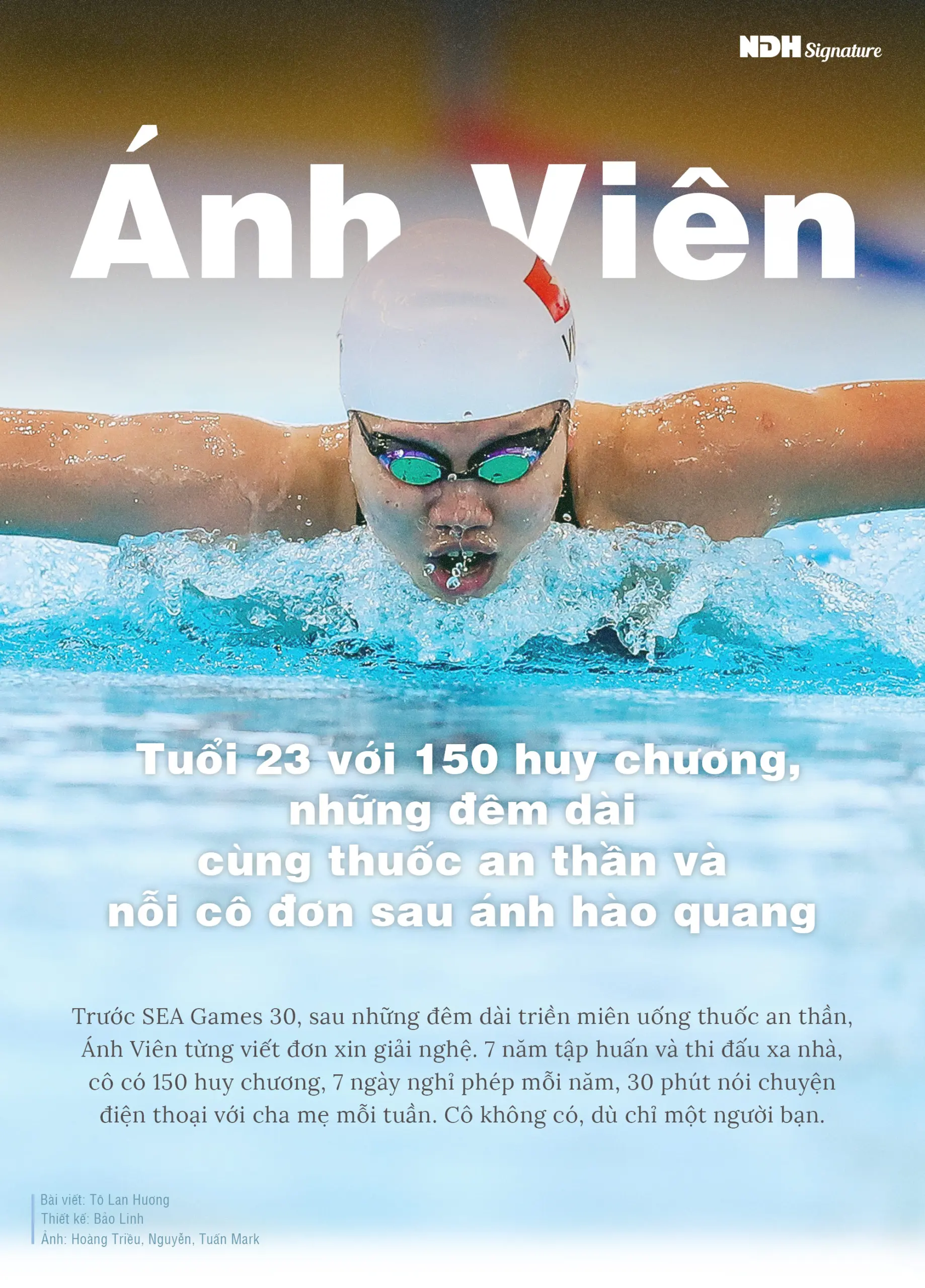 Ảnh bìa bài viết với hình Ánh Viên đang bơi bướm trong hồ
