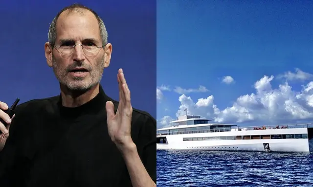 Ảnh ghép Steve Jobs và du thuyền Venus màu trắng trên biển