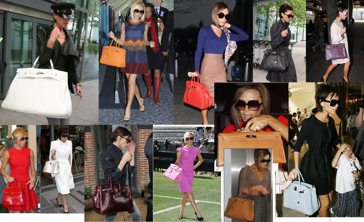Ảnh ghép Victoria Beckham cầm nhiều túi Hermès nhiều màu