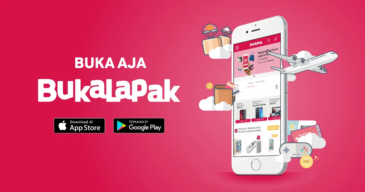 Ảnh quảng cáo ứng dụng Bukalapak trên điện thoại, nền hồng
