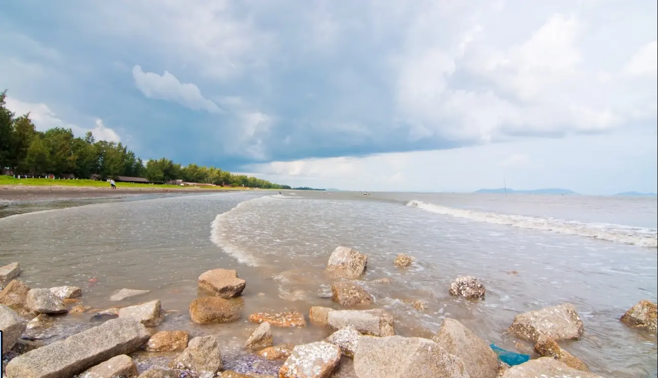 Bãi biển nhiều đá, hàng phi lao chạy dọc bờ
