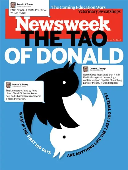 Bìa tạp chí Newsweek với dòng chữ The Tao of Donald và hình chim Twitter
