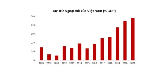 Biểu đồ dự trữ ngoại hối của Việt Nam theo tỷ lệ phần trăm GDP từ 2009 đến 2021
