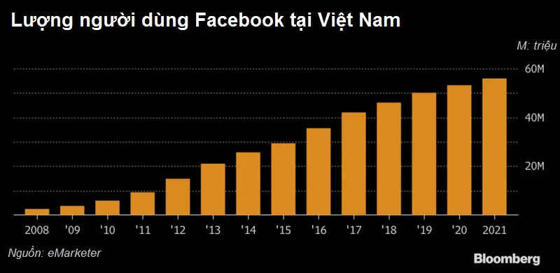 Biểu đồ số người dùng Facebook tại Việt Nam giai đoạn 2008-2021