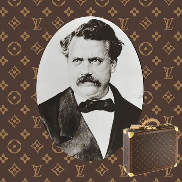 Chân dung đen trắng Louis Vuitton trên nền họa tiết monogram
