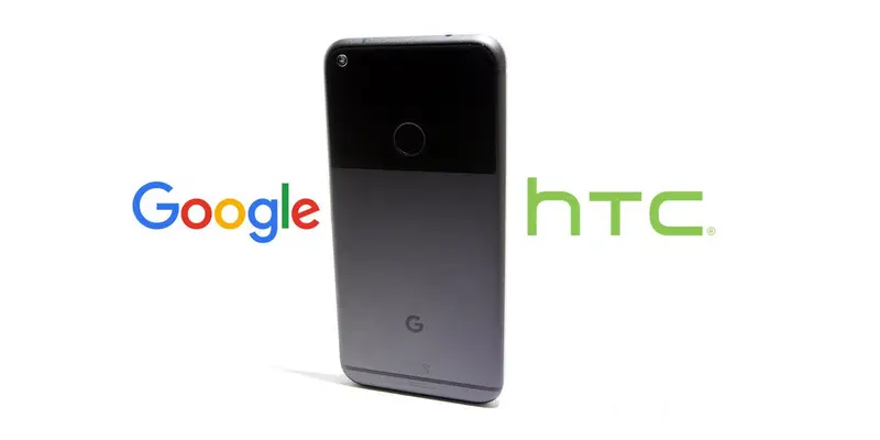 Điện thoại Google Pixel đặt giữa logo Google và HTC