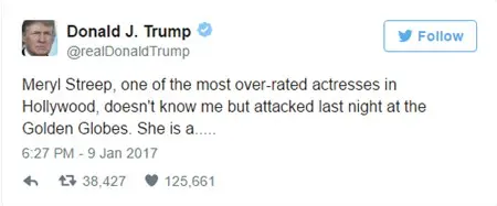 Dòng tweet của Donald Trump chỉ trích nữ diễn viên Meryl Streep
