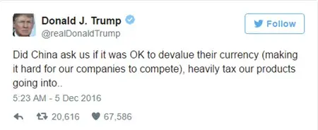 Dòng tweet của Donald Trump chỉ trích Trung Quốc phá giá tiền tệ