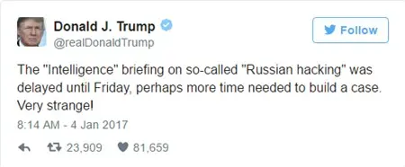 Dòng tweet của Donald Trump về cuộc họp tình báo về tin tặc Nga