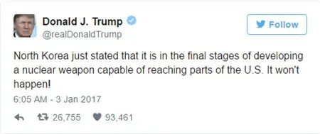 Dòng tweet của Donald Trump về vũ khí hạt nhân của Triều Tiên