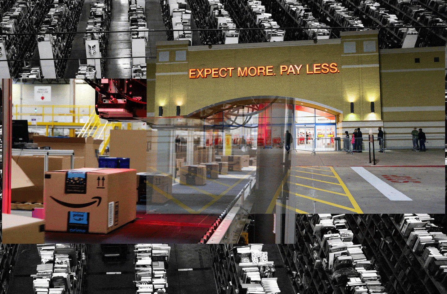Kho hàng Amazon và cửa hàng Target dòng chữ Expect More Pay Less