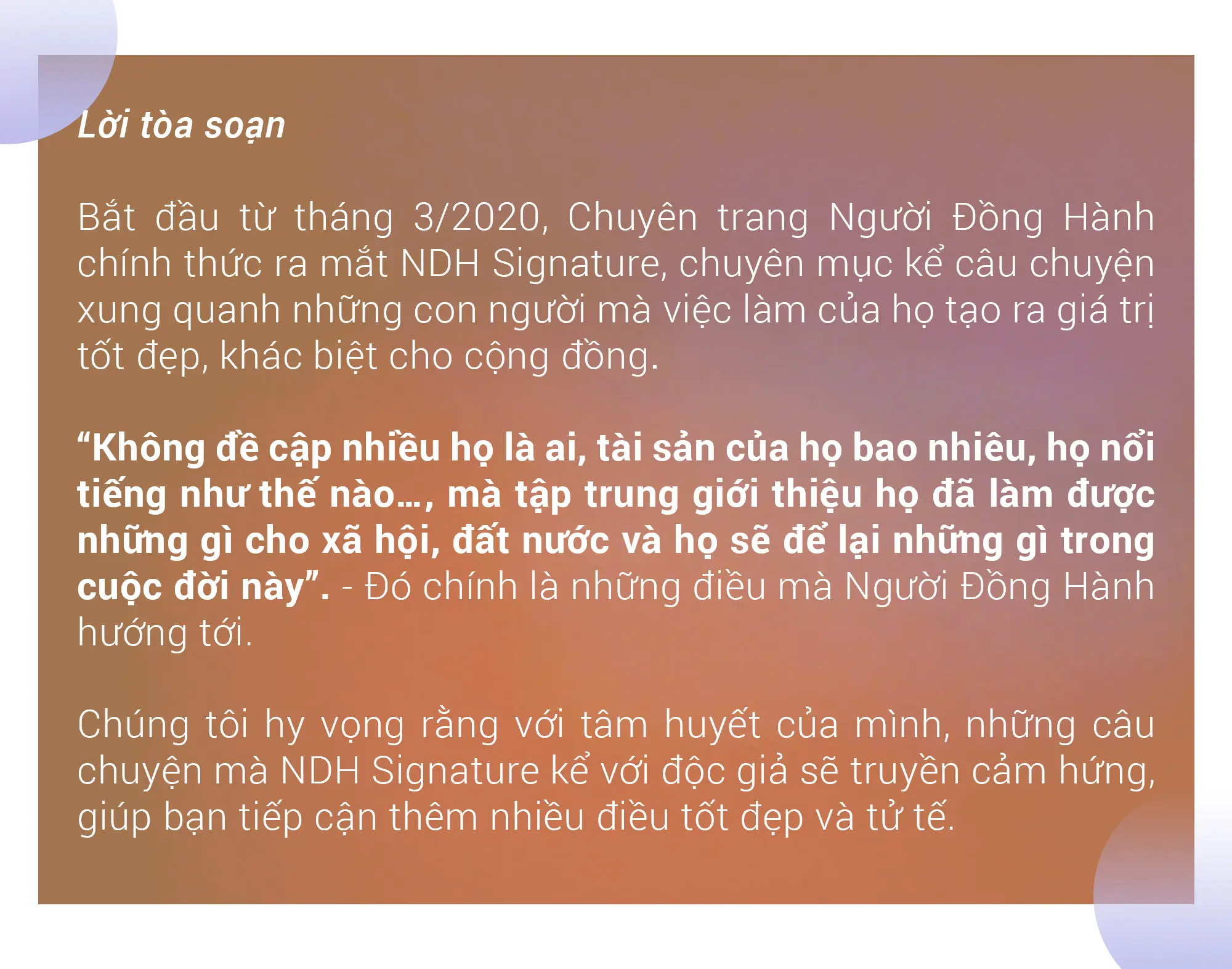 Khung lời tòa soạn giới thiệu chuyên mục NDH Signature