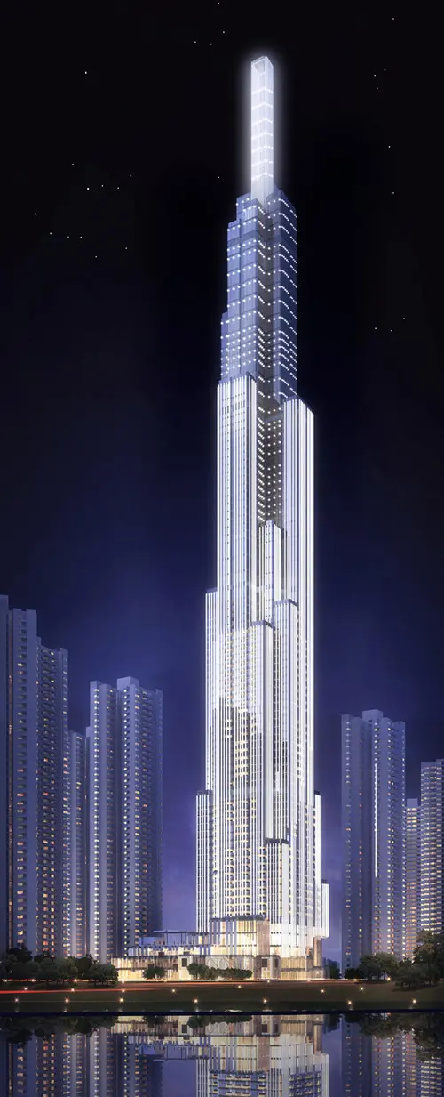 Phối cảnh ban đêm toà tháp Landmark 81 bên sông, cao vượt các toà xung quanh