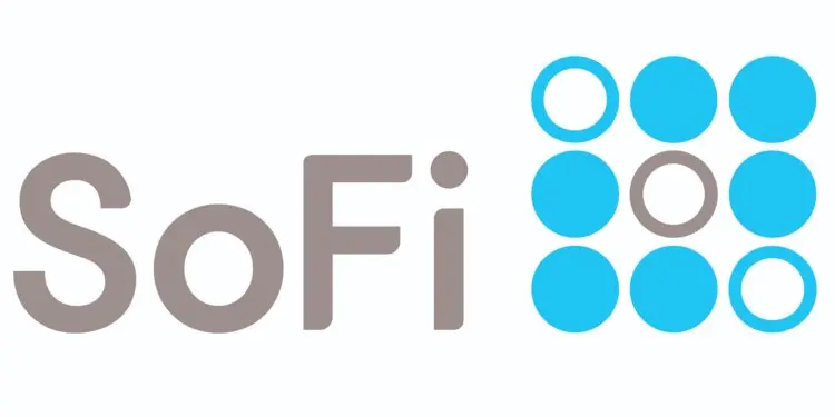 Logo SoFi màu xám bên cạnh các chấm tròn xanh
