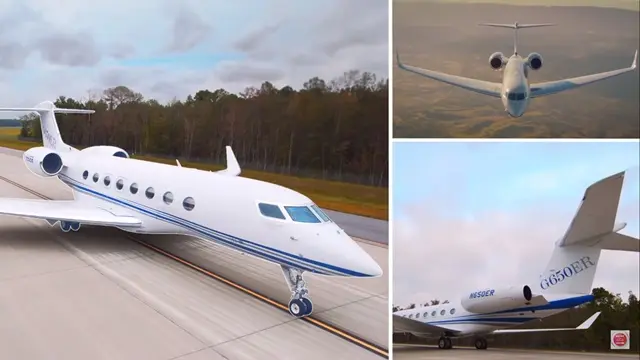 Máy bay Gulfstream G650ER đỗ trên đường băng và đang bay