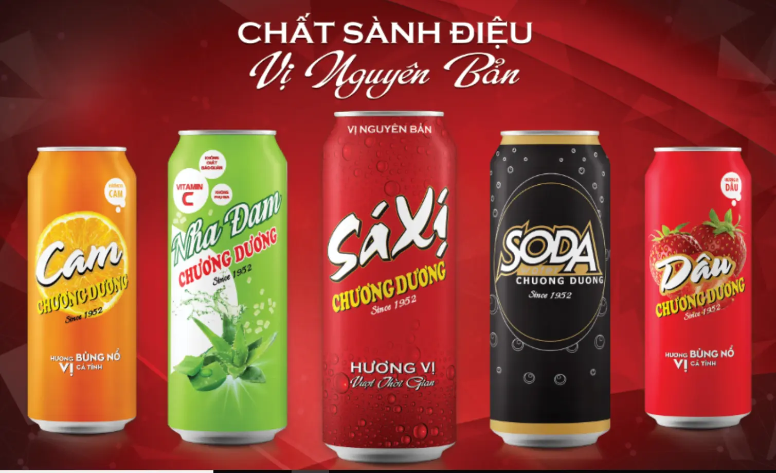Năm lon nước giải khát Chương Dương gồm sá xị, soda và vị trái cây