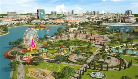 Phối cảnh công viên trung tâm có vòng quay và hồ nước