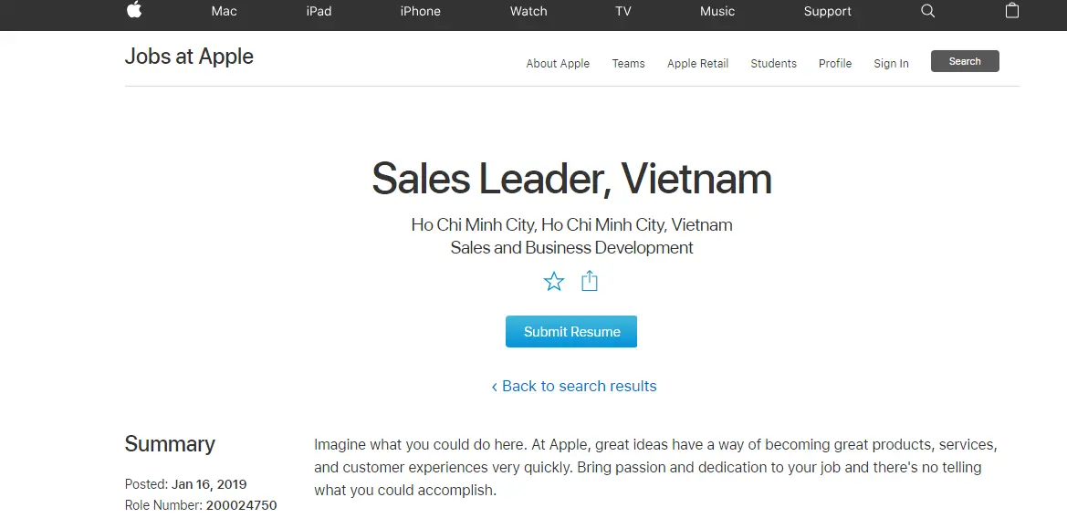 Trang tuyển dụng vị trí Sales Leader, Vietnam trên website Apple