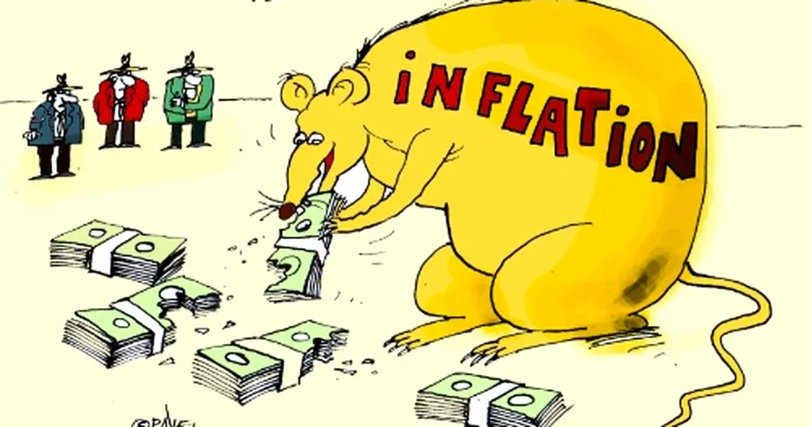 Tranh biếm họa con chuột chữ Inflation đang gặm tiền