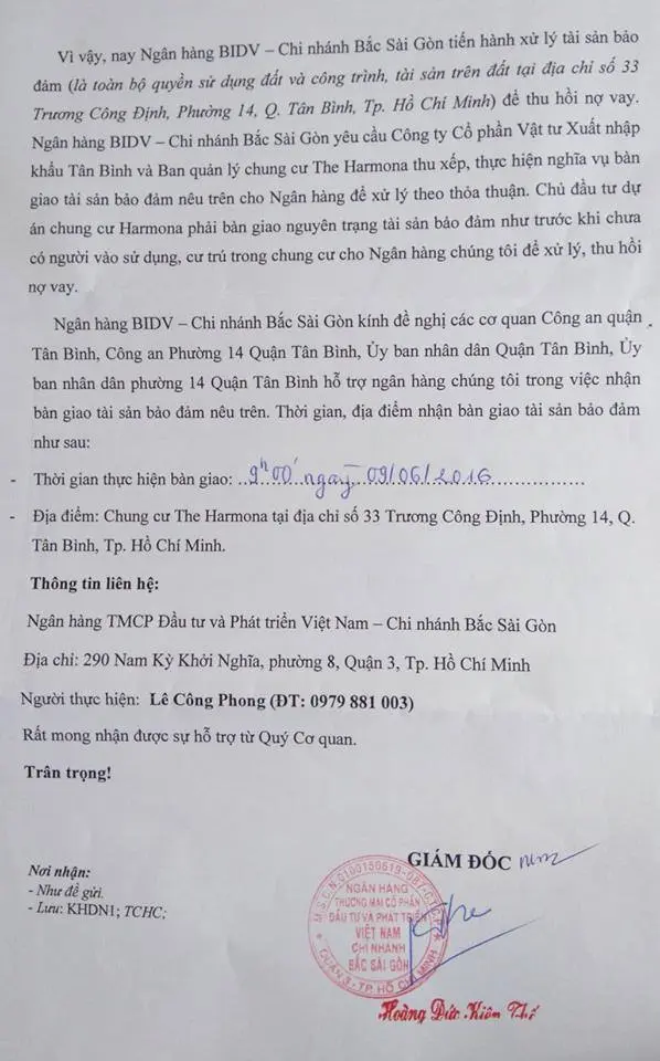 Văn bản siết nợ của Ngân hàng BIDV chi nhánh Bắc sài Gòn