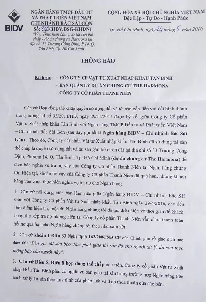 Văn bản thông báo của BIDV chi nhánh Bắc Sài Gòn về dự án chung cư
